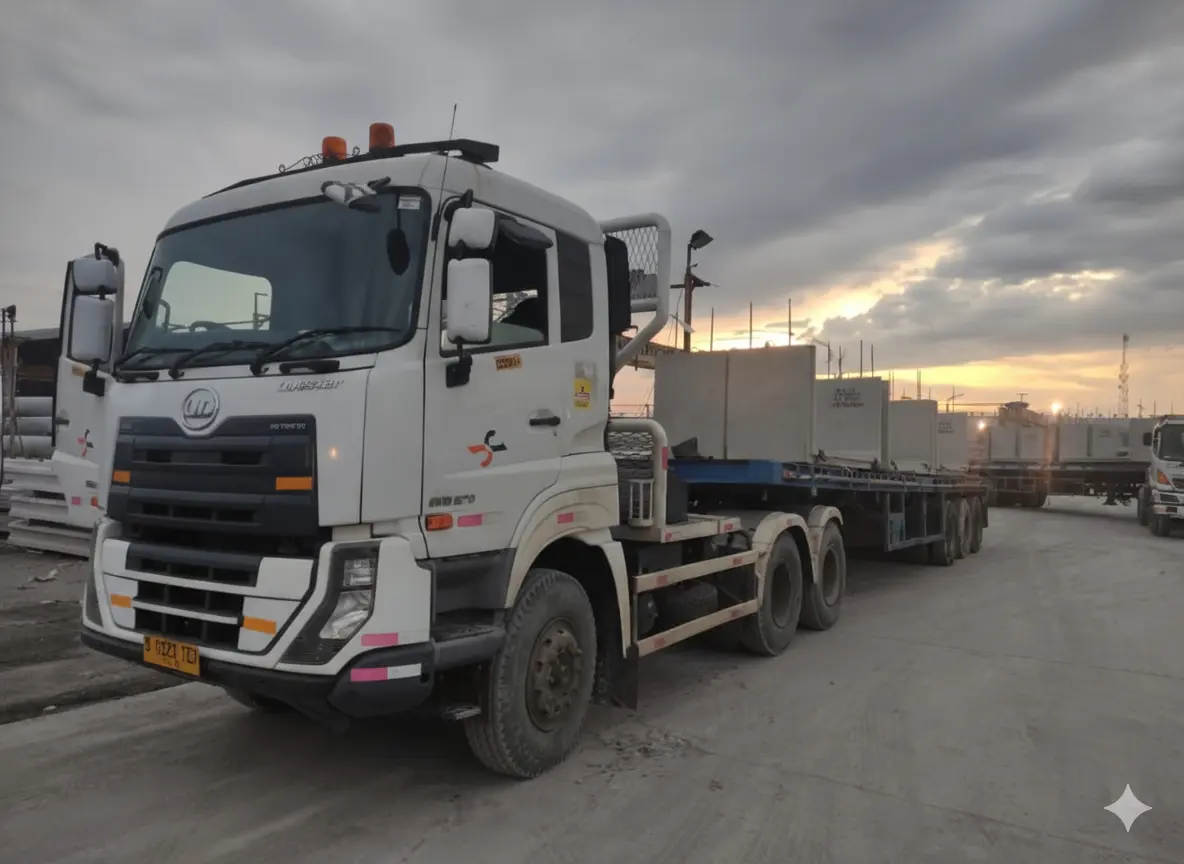 Flatbed carrying a precast concrete panel