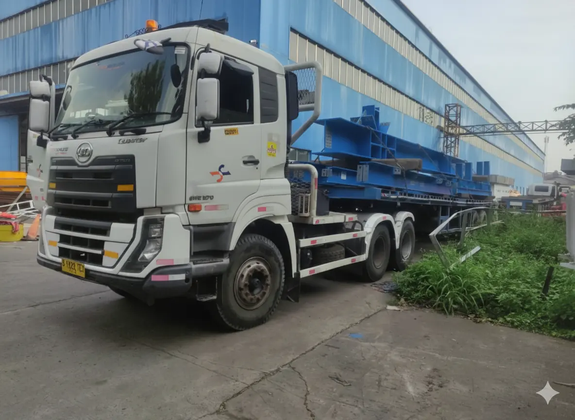 Flatbed carrying a structural steel frame